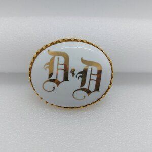 Vintage Gold Tone Porcelain Oval Brooch / Pin With Monogrammed Initials